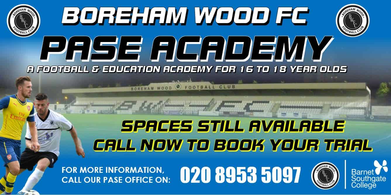 JOIN BOREHAM WOOD FC PASE ACADEMY….OPEN TRIALS TAKING PLACE NOW